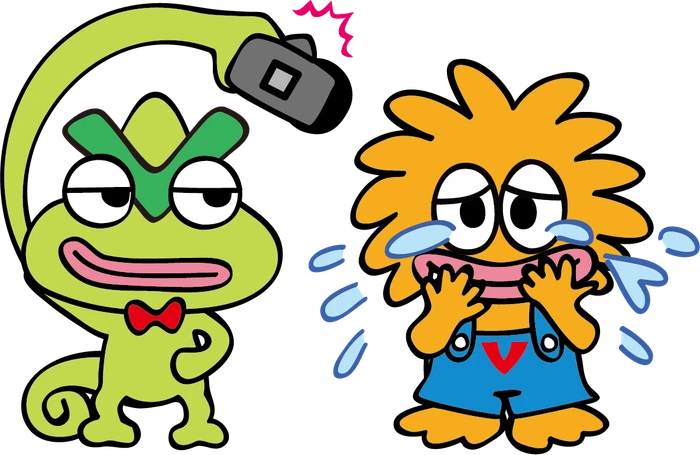 困って涙を流すビビプロのキャラクター「ビビレオ」と「ビビディ」のイラスト