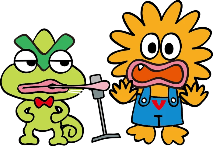 マイクの前で大笑いするビビプロのキャラクター「ビビレオ」と「ビビディ」のイラスト