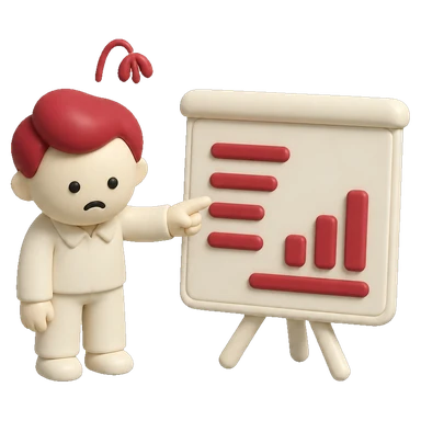 味気ない資料ボードを前に退屈そうに肩を落とす担当者のクレイ調イラスト