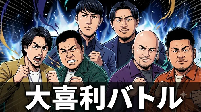 複数のお笑い芸人が出演する企画動画のサムネイル例（人物はイラスト加工）